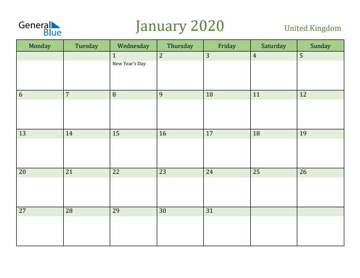 January 2020 Calendar with United Kingdom Holidays