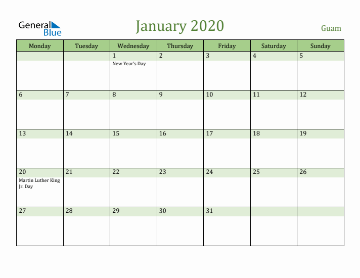 January 2020 Calendar with Guam Holidays