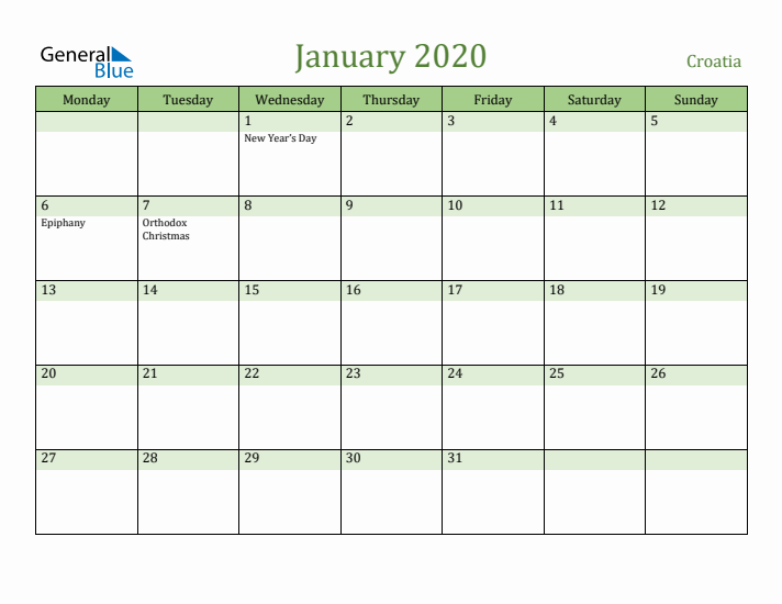 January 2020 Calendar with Croatia Holidays