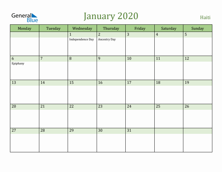 January 2020 Calendar with Haiti Holidays