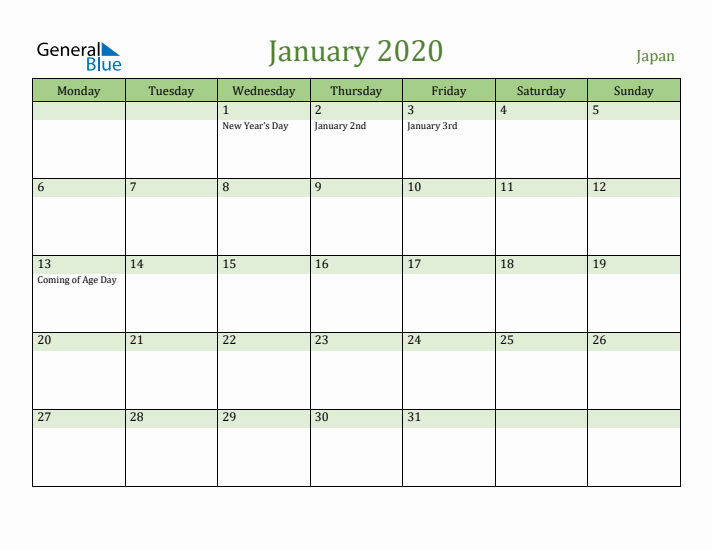 January 2020 Calendar with Japan Holidays