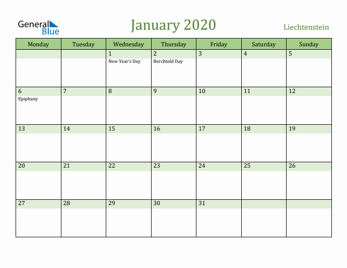 January 2020 Calendar with Liechtenstein Holidays