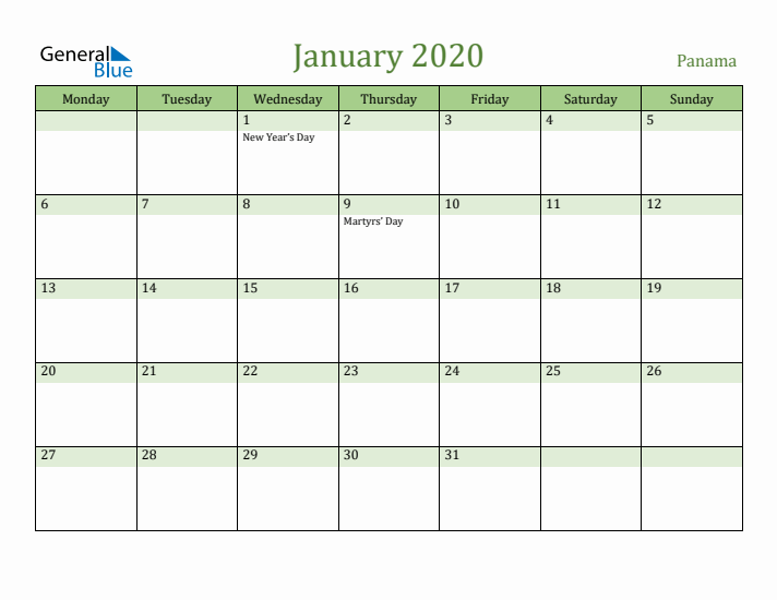 January 2020 Calendar with Panama Holidays