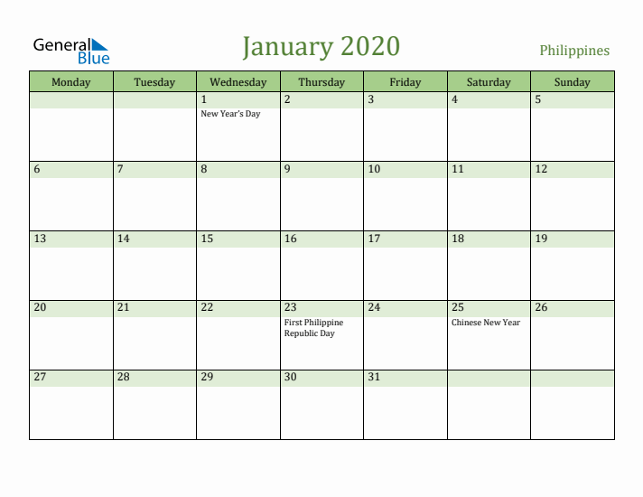 January 2020 Calendar with Philippines Holidays