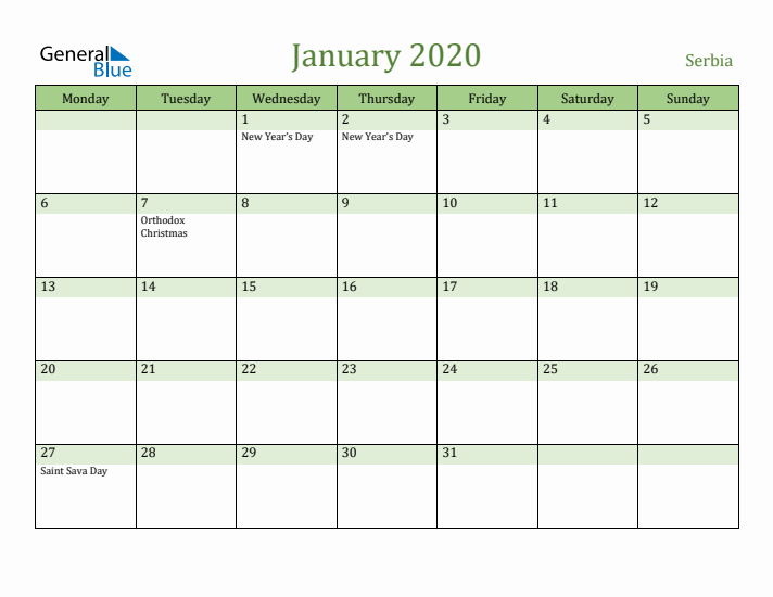 January 2020 Calendar with Serbia Holidays