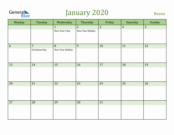 January 2020 Calendar with Russia Holidays