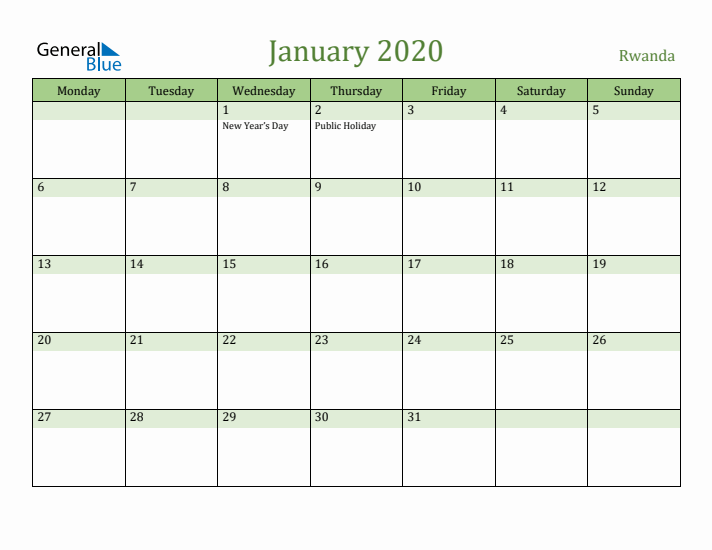 January 2020 Calendar with Rwanda Holidays