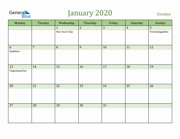 January 2020 Calendar with Sweden Holidays