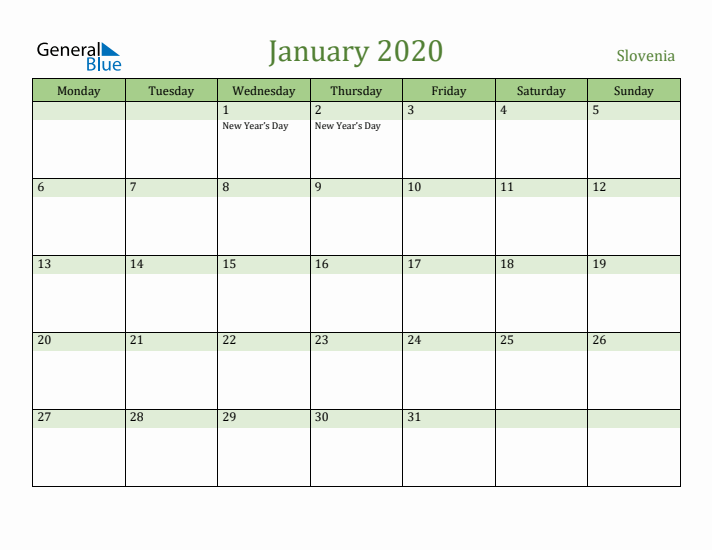 January 2020 Calendar with Slovenia Holidays