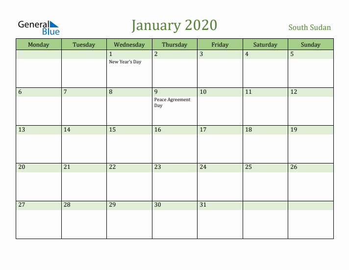 January 2020 Calendar with South Sudan Holidays