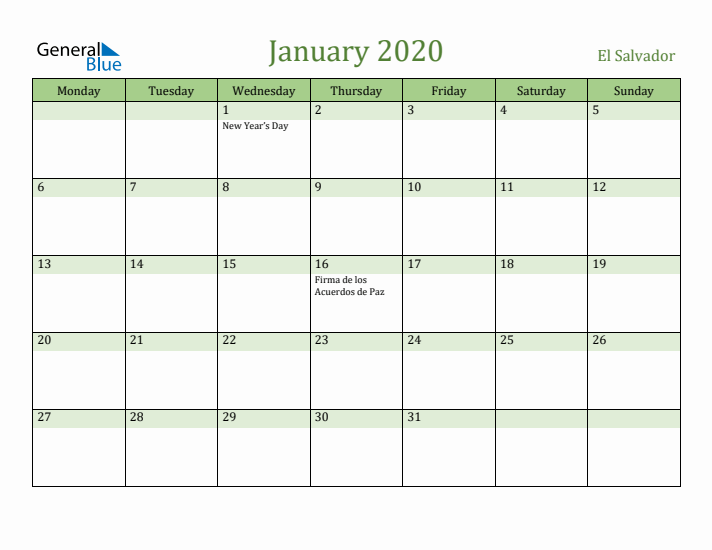January 2020 Calendar with El Salvador Holidays