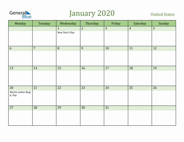 January 2020 Calendar with United States Holidays
