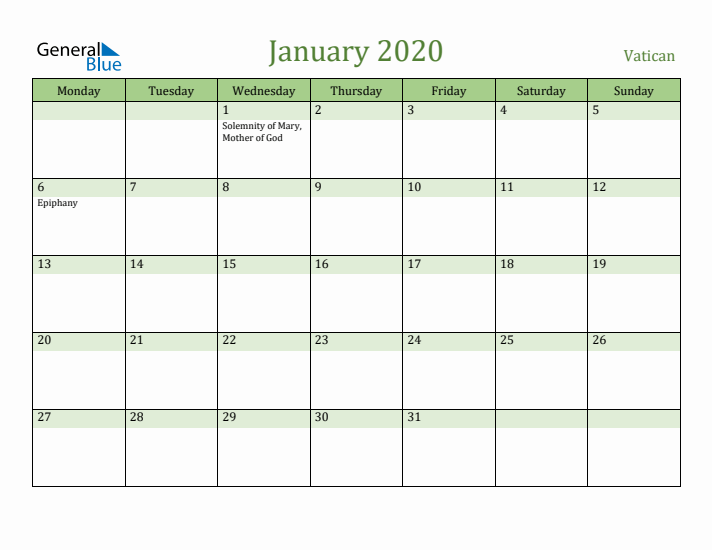 January 2020 Calendar with Vatican Holidays