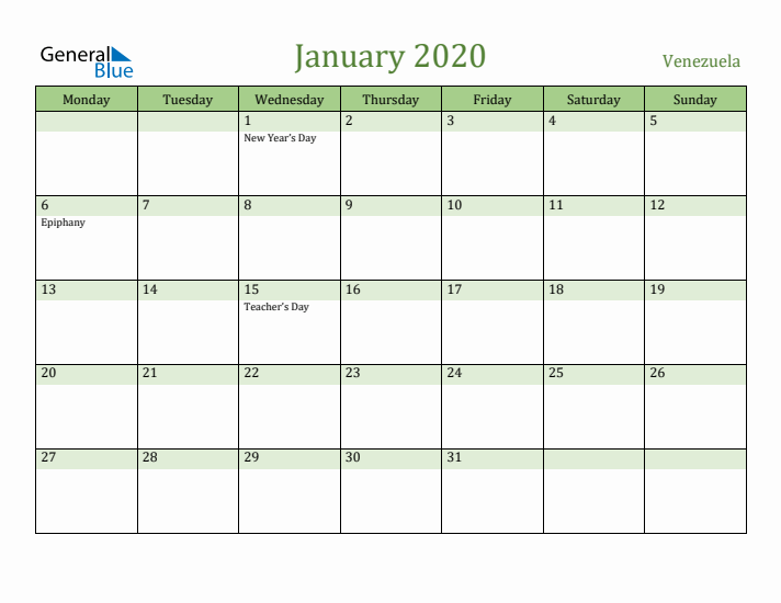 January 2020 Calendar with Venezuela Holidays