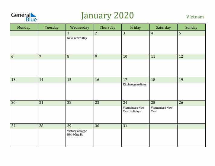 January 2020 Calendar with Vietnam Holidays