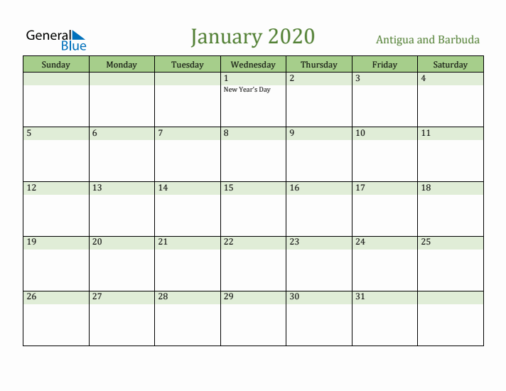 January 2020 Calendar with Antigua and Barbuda Holidays