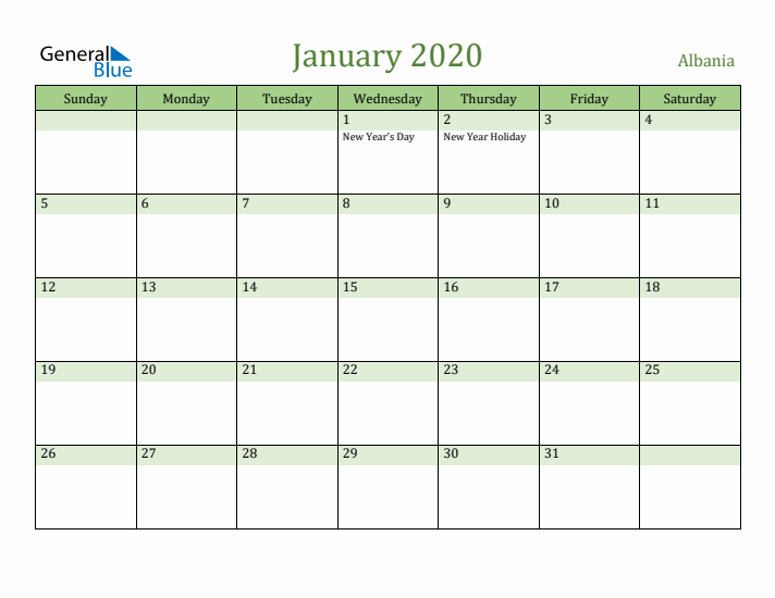 January 2020 Calendar with Albania Holidays