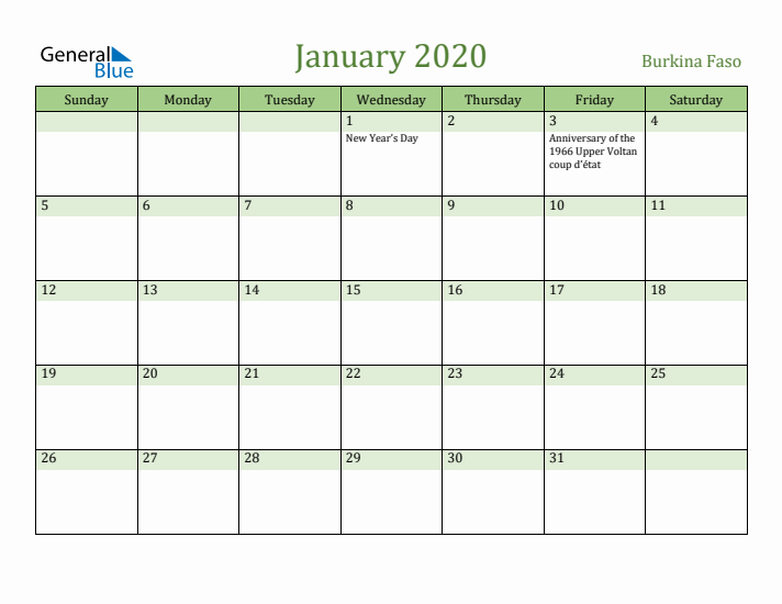 January 2020 Calendar with Burkina Faso Holidays