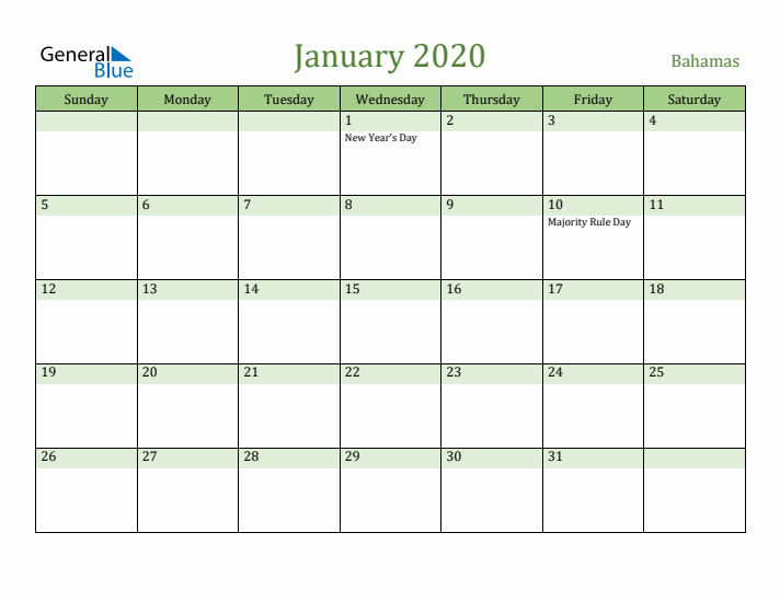 January 2020 Calendar with Bahamas Holidays