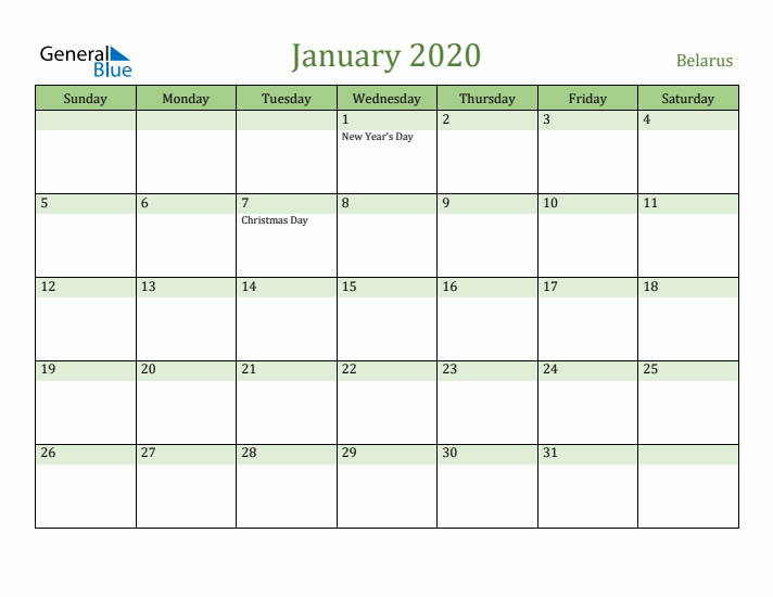 January 2020 Calendar with Belarus Holidays