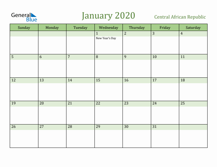 January 2020 Calendar with Central African Republic Holidays