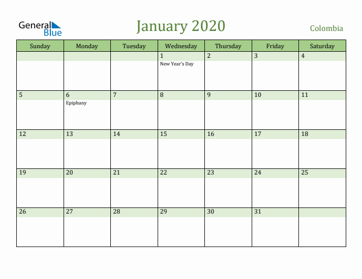 January 2020 Calendar with Colombia Holidays