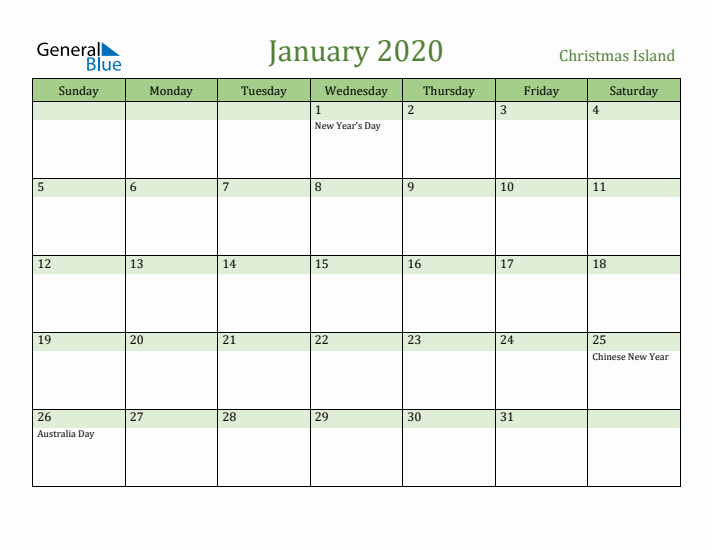 January 2020 Calendar with Christmas Island Holidays