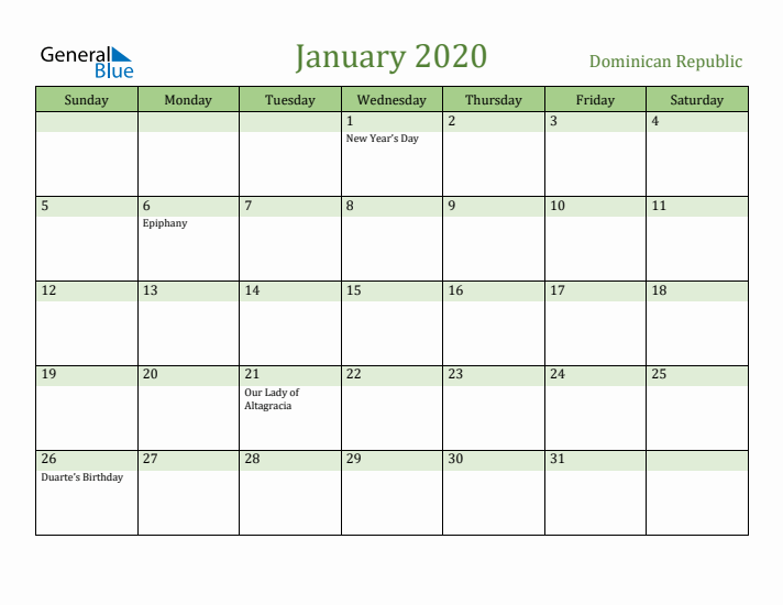 January 2020 Calendar with Dominican Republic Holidays