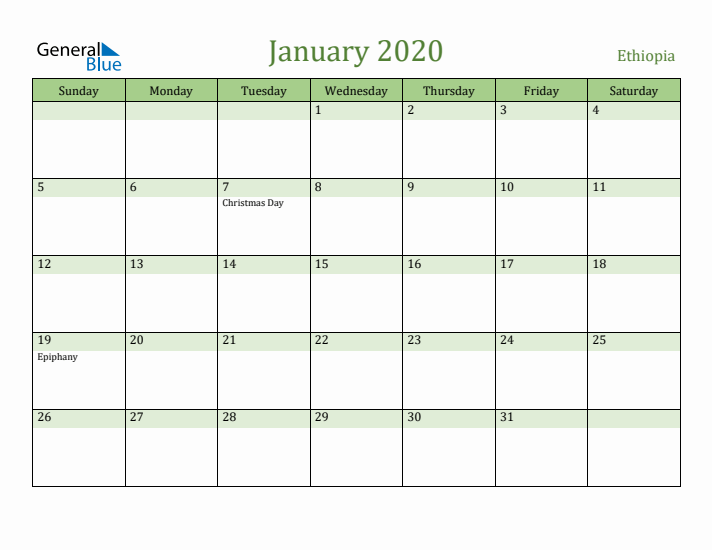 January 2020 Calendar with Ethiopia Holidays