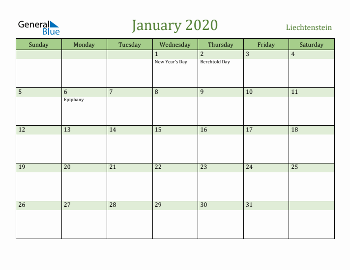 January 2020 Calendar with Liechtenstein Holidays