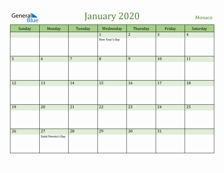 January 2020 Calendar with Monaco Holidays