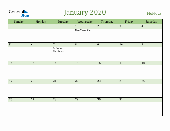 January 2020 Calendar with Moldova Holidays
