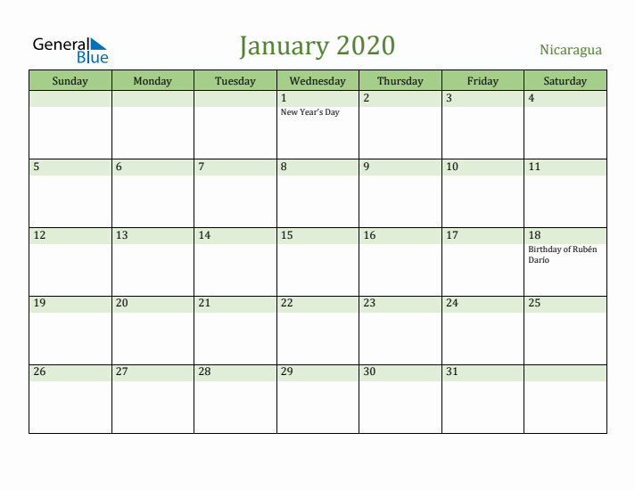 January 2020 Calendar with Nicaragua Holidays