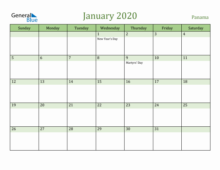 January 2020 Calendar with Panama Holidays