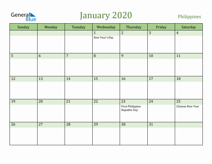 January 2020 Calendar with Philippines Holidays