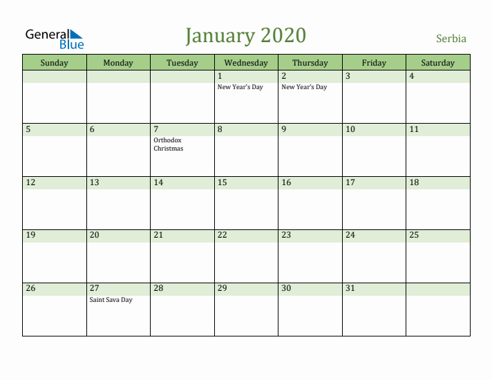 January 2020 Calendar with Serbia Holidays