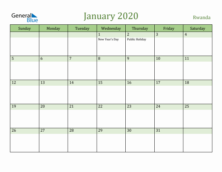 January 2020 Calendar with Rwanda Holidays