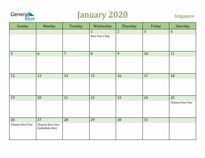 January 2020 Calendar with Singapore Holidays