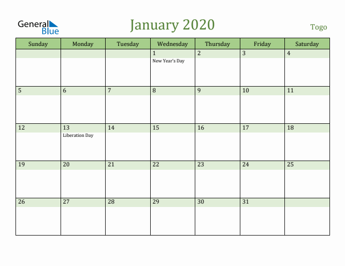 January 2020 Calendar with Togo Holidays
