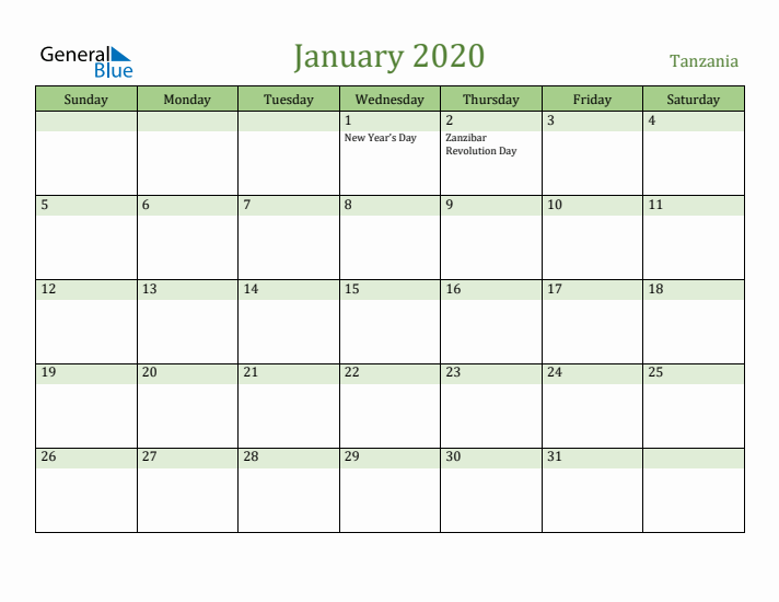January 2020 Calendar with Tanzania Holidays