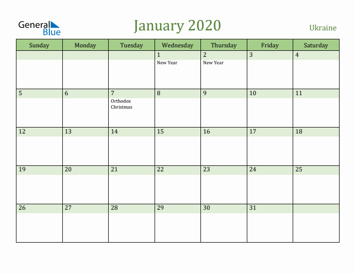 January 2020 Calendar with Ukraine Holidays