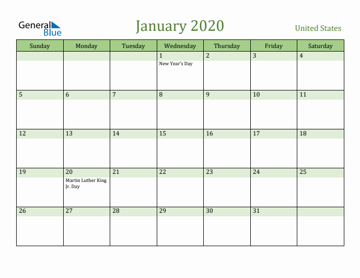 January 2020 Calendar with United States Holidays