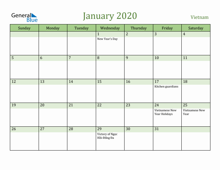 January 2020 Calendar with Vietnam Holidays