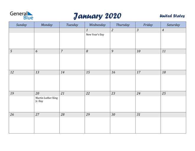 United States January 2020 Calendar with Holidays