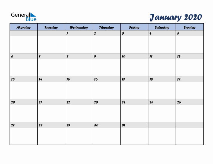 January 2020 Blue Calendar (Monday Start)