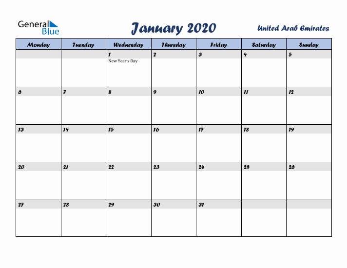 January 2020 Calendar with Holidays in United Arab Emirates