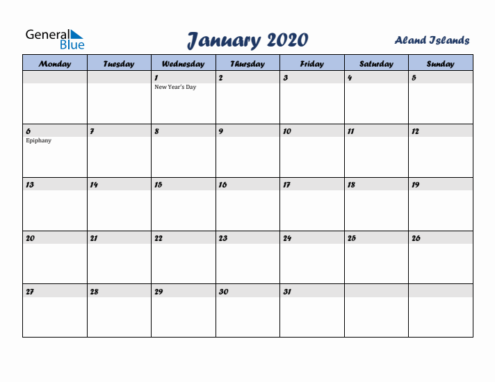 January 2020 Calendar with Holidays in Aland Islands