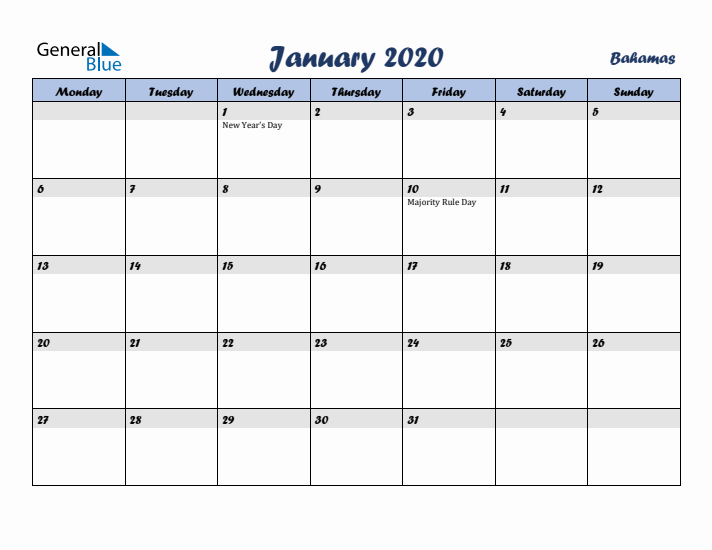 January 2020 Calendar with Holidays in Bahamas