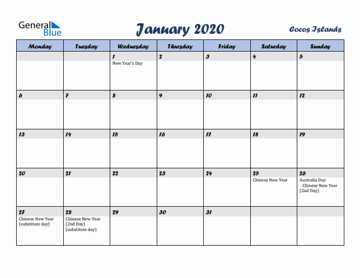 January 2020 Calendar with Holidays in Cocos Islands