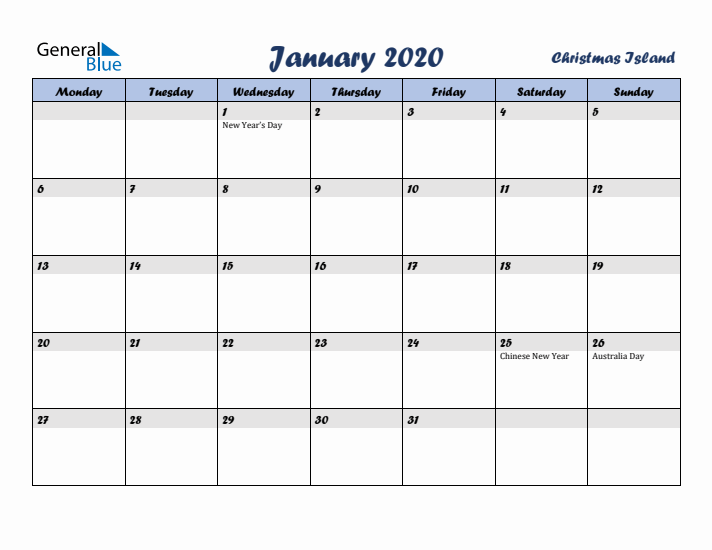 January 2020 Calendar with Holidays in Christmas Island